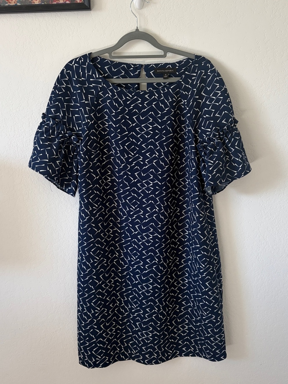 BANANA REPUBLIC NAVY GEOMETRIC PRINT SHIFT DRESS RUFFLE SLEEVE WORK S